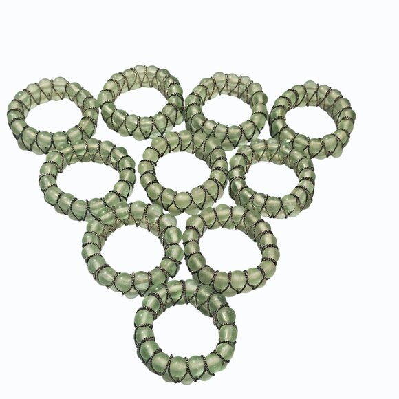 Vintage Green Glass Beads and Wire 2 Inch Napkin Rings Set of 10 - Picture 5 of 11